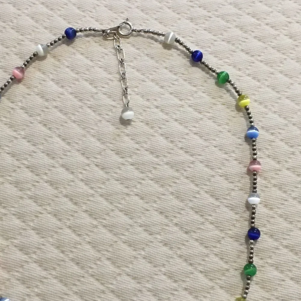 VTG Sterling Silver Multicolor Cats Eye Station Beaded Choker Necklace Extension